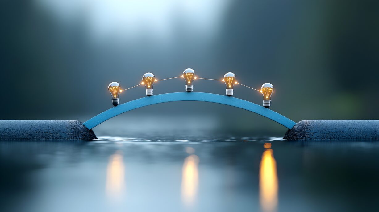 Illuminating abstract bridge made of light bulbs symbolizing innovative solutions that connect problems to goals and The glowing futuristic structure represents the power of technology creativity