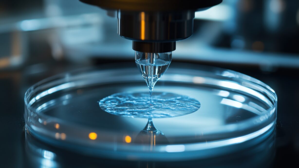 A macro shot of a 3D bioprinter depositing layers of bioink to create tissue constructs for medical research, Bioprinting technology style, photo of