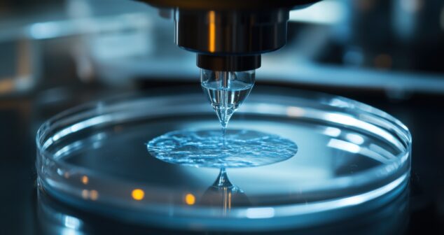 A macro shot of a 3D bioprinter depositing layers of bioink to create tissue constructs for medical research, Bioprinting technology style, photo of