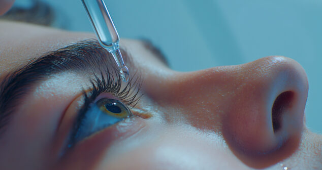 An individual lies back with eyes open as a drop of eye medication falls from a dropper, highlighting the process of vision care.