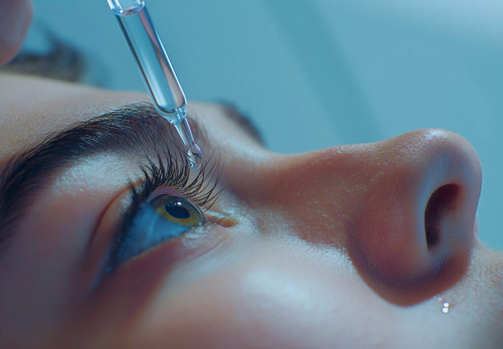 An individual lies back with eyes open as a drop of eye medication falls from a dropper, highlighting the process of vision care.