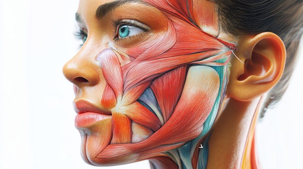 Detailed 3D rendering of human facial muscles.  A visual guide to the complex anatomy of the face and neck.