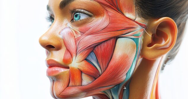 Detailed 3D rendering of human facial muscles. A visual guide to the complex anatomy of the face and neck.