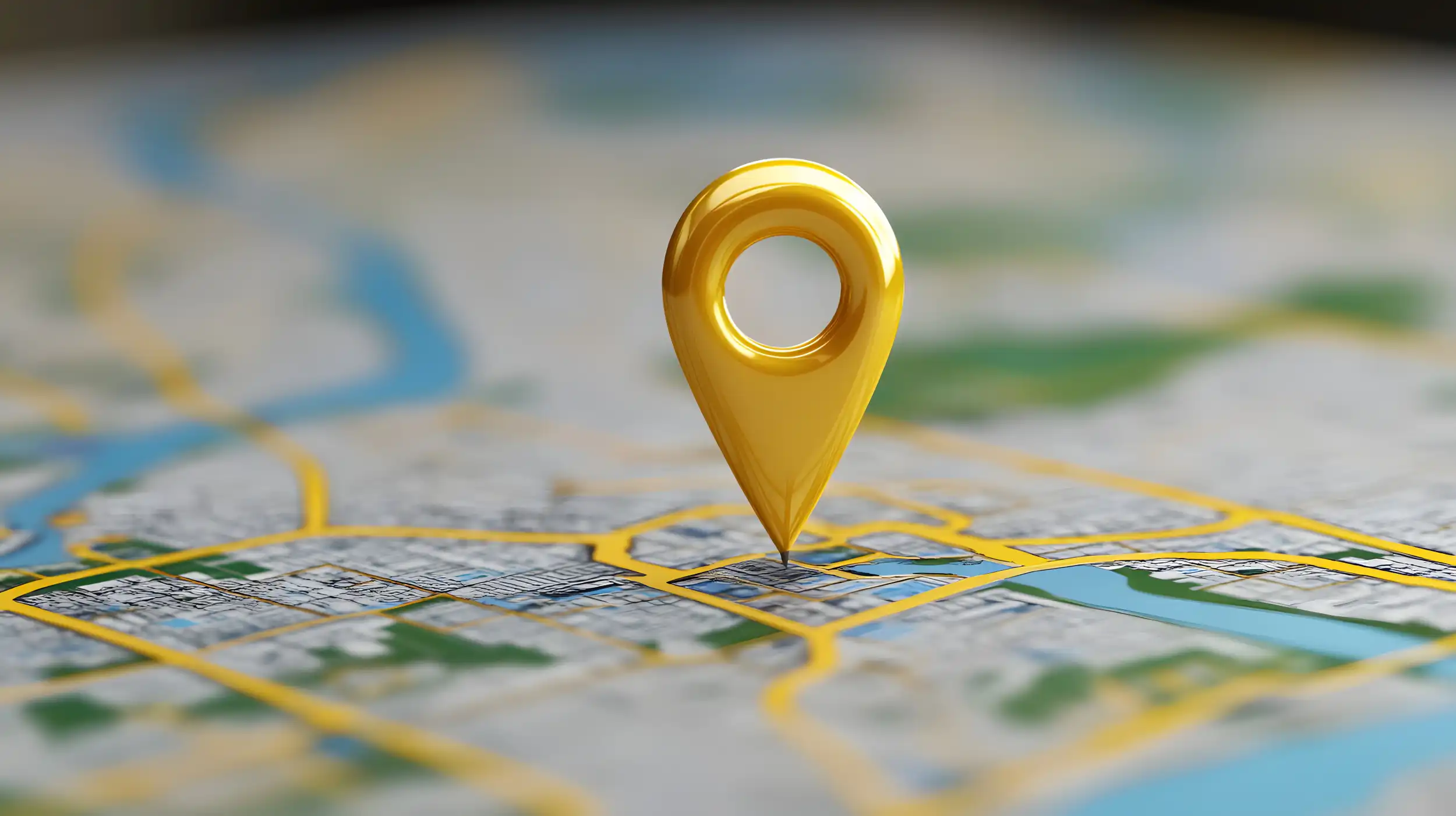 Close-up of a golden location pin marker on a city map, symbolizing StarFish Medical Toronto’s location.