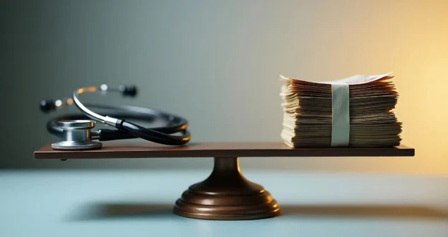 Balance scale with a stethoscope on one side and a stack of cash on the other representing value creation in MedTech after commercialization.