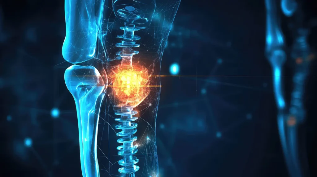 Medical illustration showing a smart orthopedic implant embedded in bone with glowing signal visualization representing internal fracture healing monitoring.