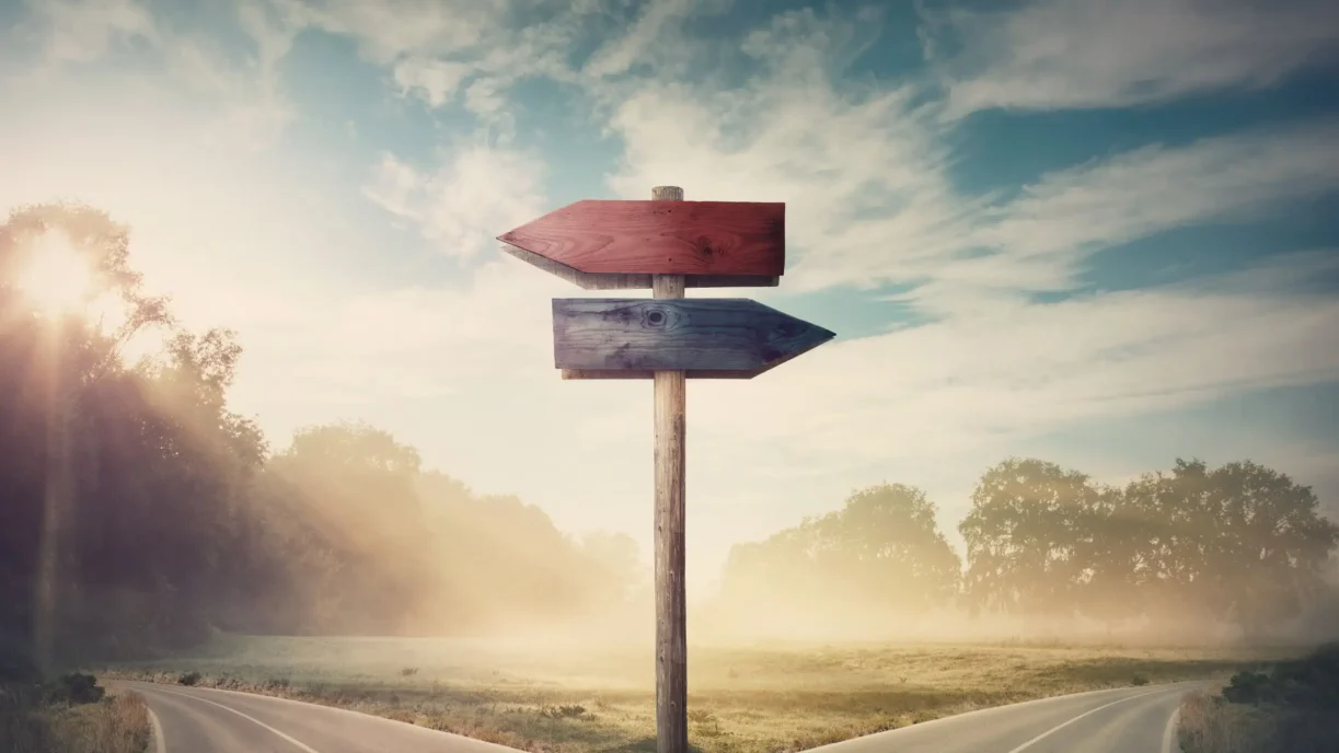 Rightness Trap Medtech concept showing a crossroads decision with opposing directional signs