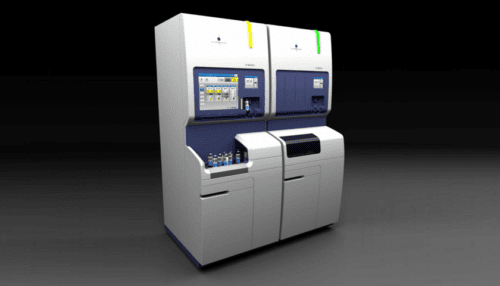 BACT/ALERT VIRTUO blood culture instrument rendered on a dark background showing the interface screen, bottle loading bays and system housing.