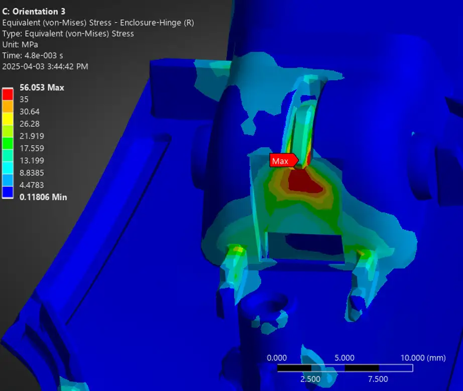 Von-Mises stress FEA drop test simulation identifying peak stress at enclosure hinge of medical device