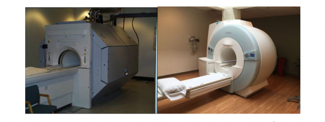 One MRI machine is large and box-shaped. The other is significantly smaller with a circular design.