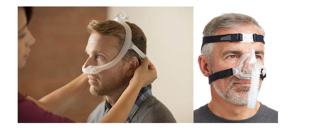 Two images of a man trying on CPAP masks. The first mask has a ring that goes on top of the head and loops down under the nose with a head strap that loops behind the skull. The second is a full nose mask held in place by two straps that loop behind the head. A hose is hanging off of the nose mask.