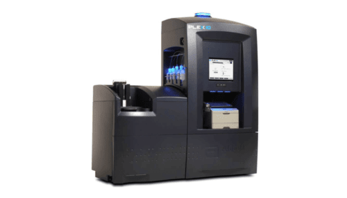 Rendered front view of the Plex ID Universal Pathogen Detector showing sample drawer, touchscreen interface and stacked processing modules.