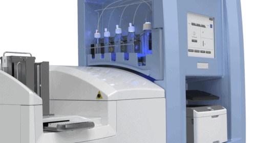 Close-up of the Plex ID pathogen detector interior showing illuminated sample processing modules and instrument housing.