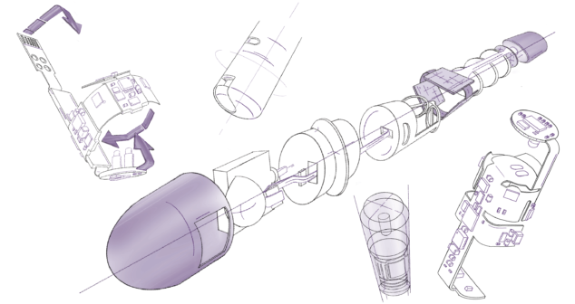 Exploded CAD drawing of a capsule-style therapy device with internal components