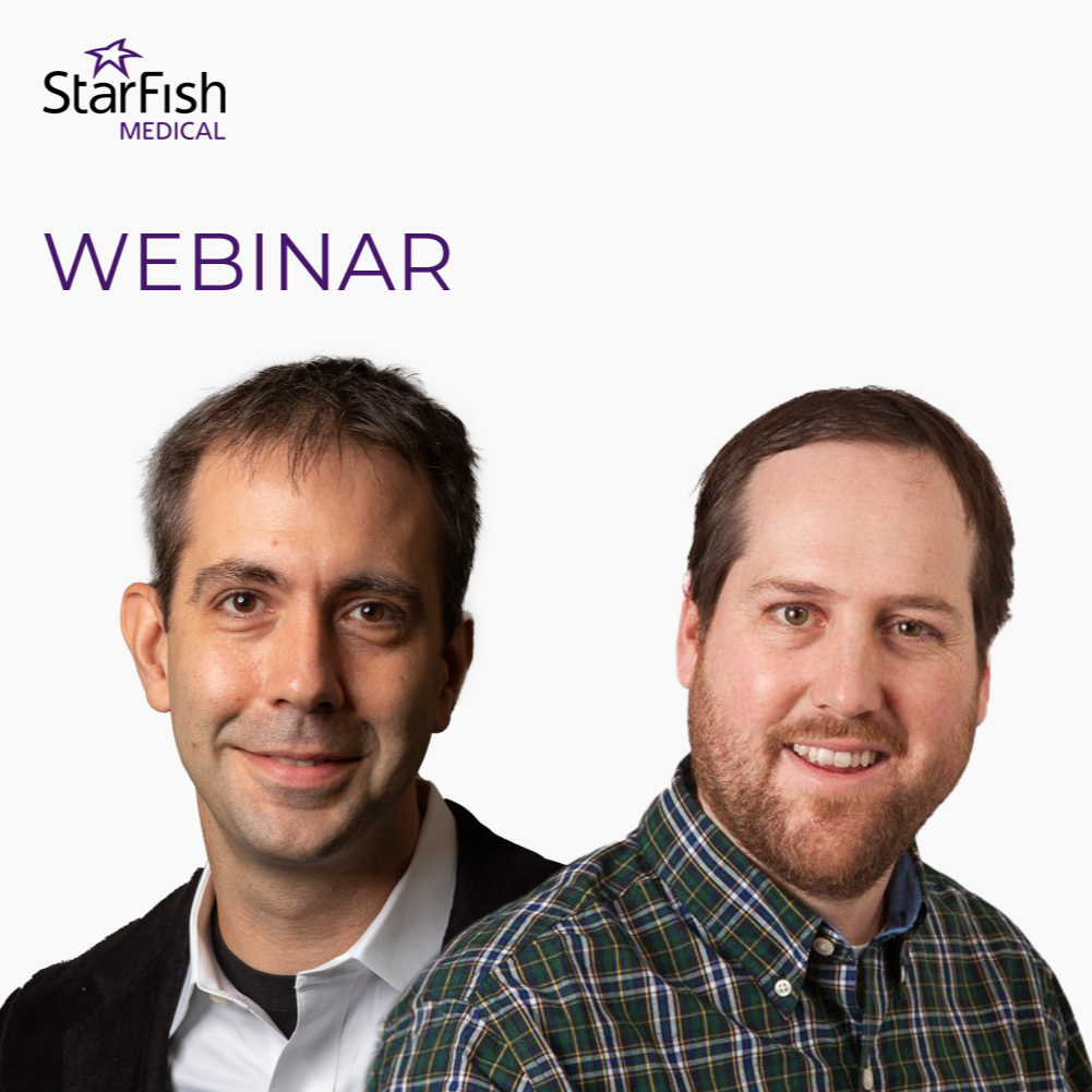 Alt text:
Two men are pictured side by side, both smiling, against a white background. In the top left corner is the StarFish Medical logo with the word "WEBINAR" written below it in purple text. The man on the left has short dark hair and is wearing a white shirt with a black sweater. The man on the right has short brown hair, a beard, and is wearing a green and blue plaid shirt.