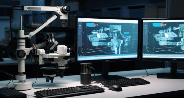A laboratory or engineering workstation featuring a high-precision stereo microscope mounted on an articulated arm, positioned beside two computer monitors displaying 3D CAD models or imaging of a complex mechanical or biomedical device. The workspace also includes a keyboard, mouse, and a metallic container, all situated on a clean white desk in a dimly lit, modern lab environment.