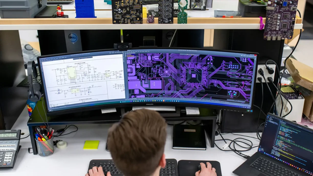 PCB stack-up planning happens here, as an engineer reviews routed copper layers on a wide monitor