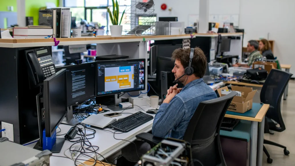 AI coding agents support this engineer as he reviews code and a workflow diagram on a call