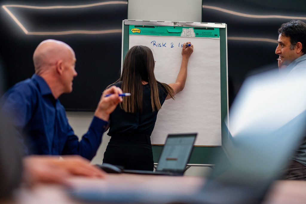 Working with StarFish Medical 

Three people engaged in a collaborative meeting. A woman stands at a flip chart, writing "Risk & Issues" with a blue marker. In the foreground, a man in a blue shirt gestures with a pen in hand, while another man on the right side of the image watches and smiles. Laptops and blurred hands are visible on the table, suggesting an active discussion in a modern meeting room.
