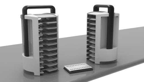 Two cartridge carriers placed on a lab bench with cartridges arranged beside them, highlighting loading and transport functionality.
