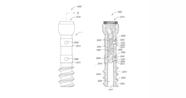 Technical patent drawing of an implantable orthopedic screw showing internal components and sensing architecture.