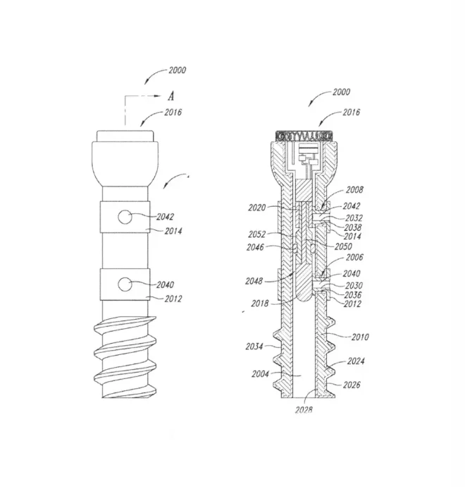 Technical patent drawing of an implantable orthopedic screw showing internal components and sensing architecture.