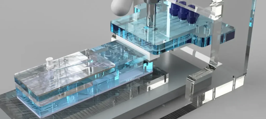 3D render of a microfluidic device assembly jig showing layered cartridge components and precision alignment fixtures