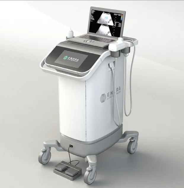 Endra TAEUS FLIP cart-based system shown with display and probe holder