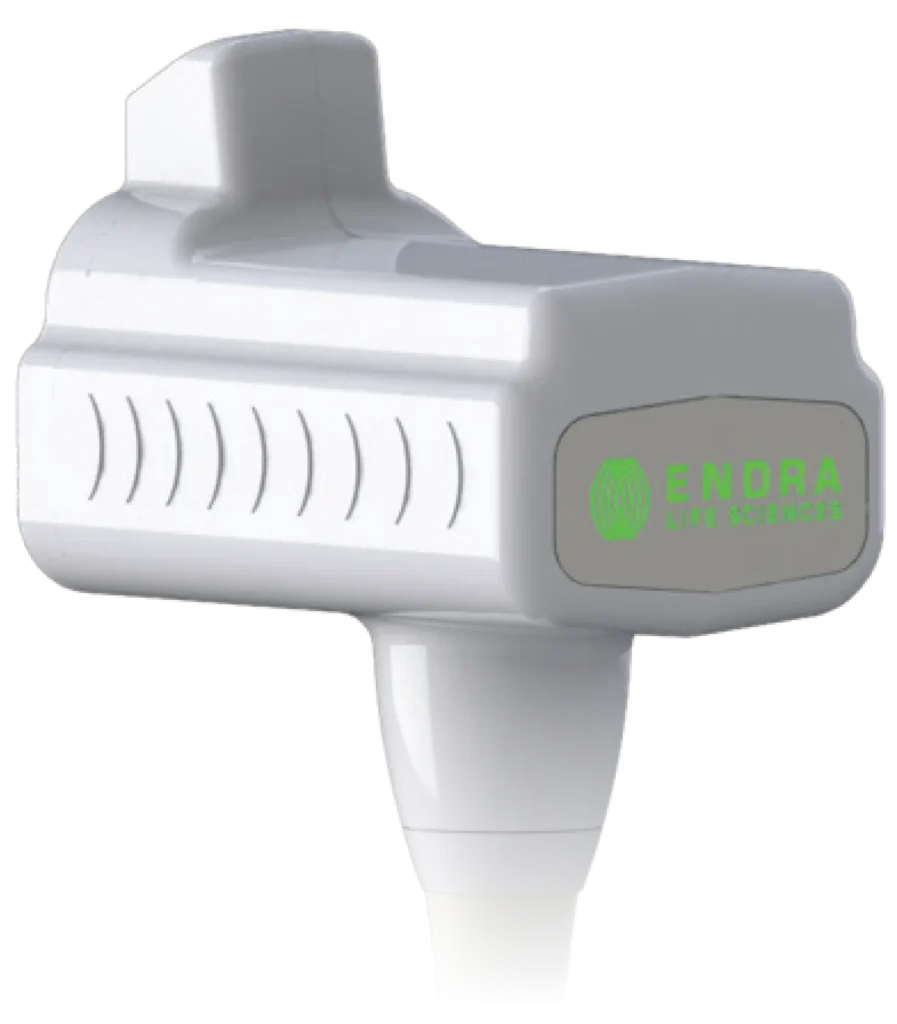 Endra TAEUS handheld ultrasound probe used for thermo-acoustic liver assessment