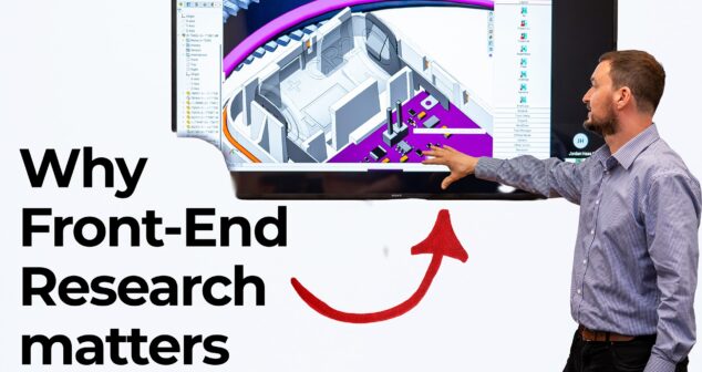 A man in a checkered shirt stands and points to a 3D CAD model displayed on a large monitor. The model shows the internal layout of a device with visible components and structural details in purple and white. To the left of the man, bold black text reads “Why Front-End Research matters,” with a large red arrow curving up toward the screen. The background is a clean white, emphasizing the visual focus on the monitor and text.