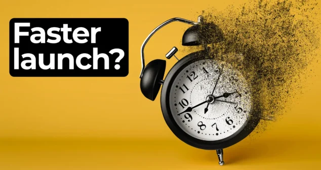 Black alarm clock disintegrating into particles beside the bold text ‘Faster launch?’ on a yellow background, symbolizing accelerating medical device development timelines.