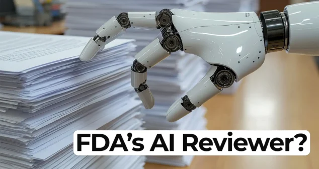 FDA agentic AI reviewer concept with robotic hand reviewing medical device submission documents