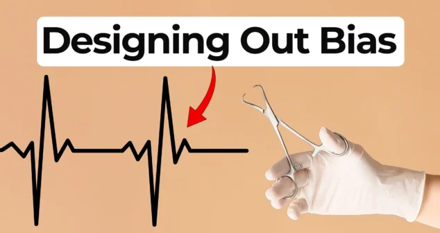 Thumbnail with the words “Designing Out Bias” above an ECG waveform and a gloved hand holding a surgical instrument, highlighting bias in medical device design.