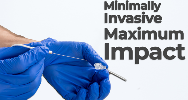 Close-up of gloved hands holding a flexible catheter used for minimally invasive procedures, with the caption "Minimally Invasive Maximum Impact" on a clean white background.