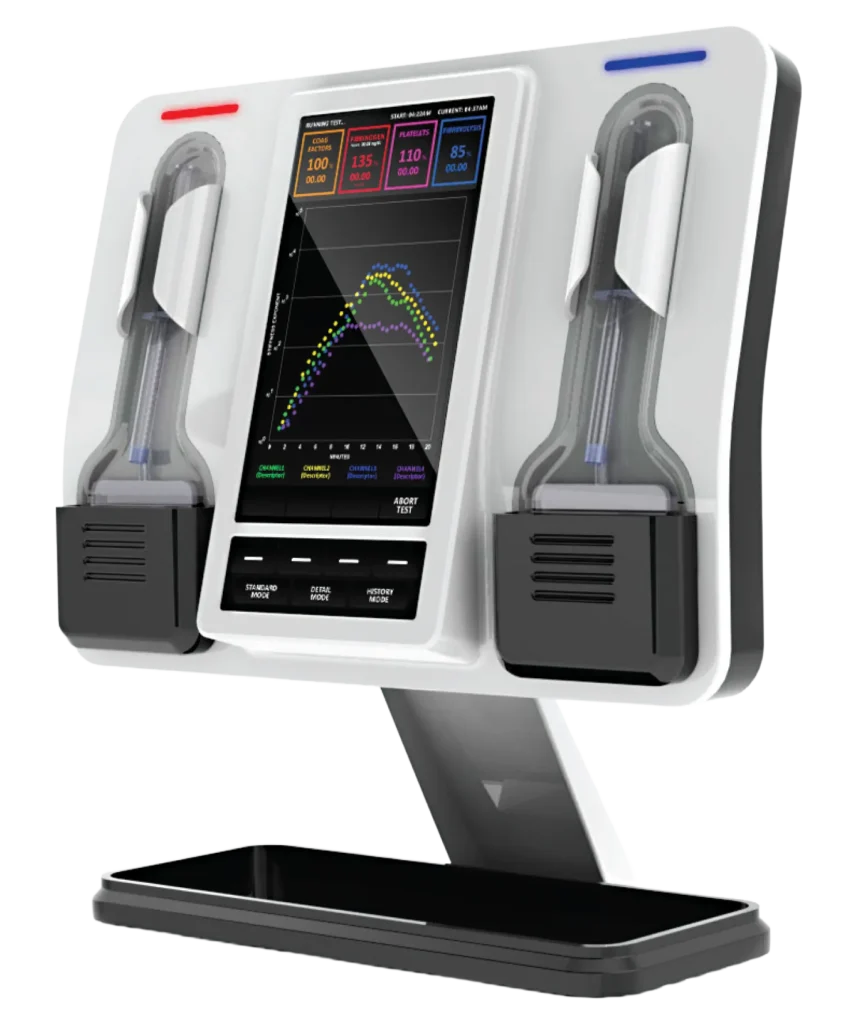 HemoSonics Quantra Hemostasis Analyzer with touchscreen interface and dual sample chambers