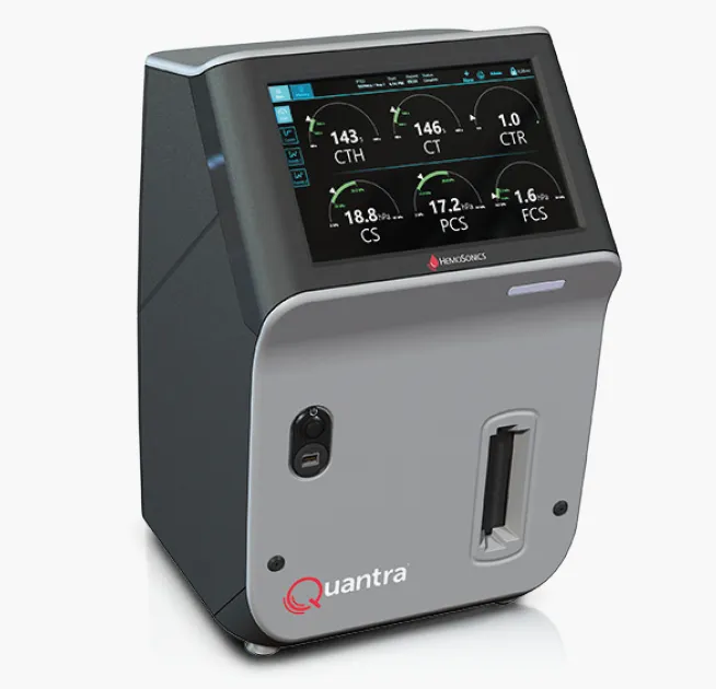 HemoSonics Quantra Hemostasis System showing user interface and cartridge port