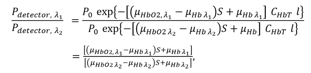 A mathematical expression comparing detected light power at two different wavelengths (λ₁ and λ₂) to solve for oxygen saturation (S) in pulse oximetry: (P₍dₑₜₑcₜₒᵣ, λ₁) / (P₍dₑₜₑcₜₒᵣ, λ₂) =   [P₀ · exp{–[(μₕbO₂,λ₁ – μₕb,λ₁)·S + μₕb,λ₁] · CₕbT · l}] / [P₀ · exp{–[(μₕbO₂,λ₂ – μₕb,λ₂)·S + μₕb,λ₂] · CₕbT · l}] Simplifies to:   [(μₕbO₂,λ₁ – μₕb,λ₁)·S + μₕb,λ₁] / [(μₕbO₂,λ₂ – μₕb,λ₂)·S + μₕb,λ₂] where: P₍dₑₜₑcₜₒᵣ, λ₁ and P₍dₑₜₑcₜₒᵣ, λ₂ are the detected powers at wavelengths λ₁ and λ₂, μₕbO₂,λ and μₕb,λ are the molar extinction coefficients of oxy- and deoxyhemoglobin at the respective wavelengths, CₕbT is total hemoglobin concentration, l is the optical path length, S is oxygen saturation. This ratio-based formulation is key to determining SpO₂ using dual-wavelength photoplethysmography.