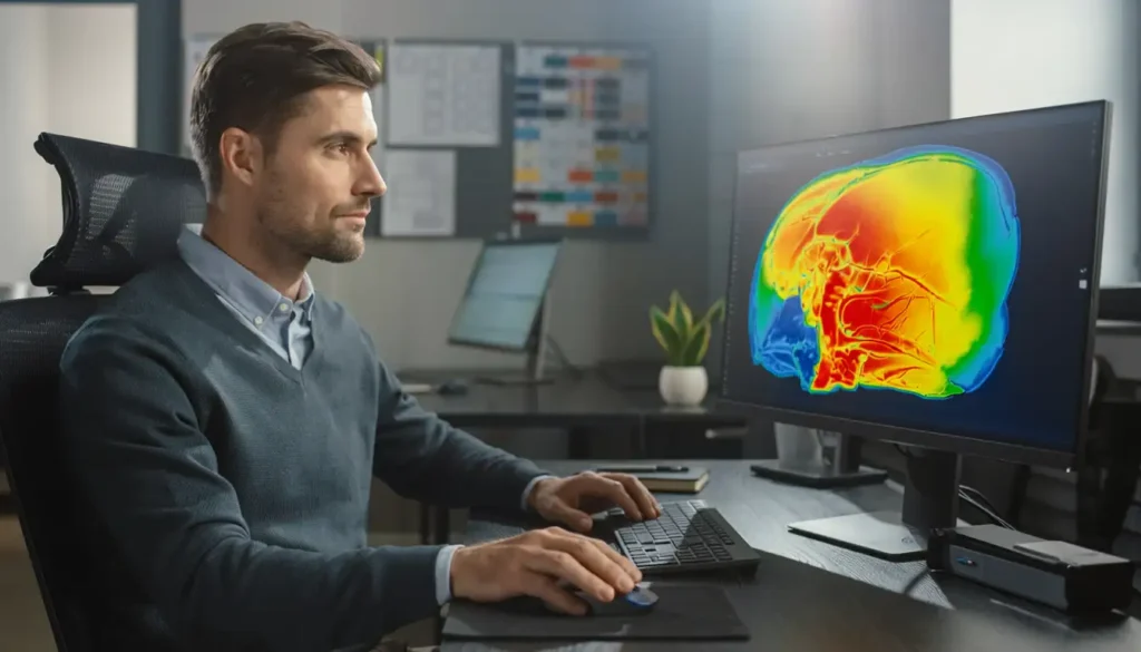 Biomedical engineer reviewing a thermal simulation of human head tissue on a monitor, color-mapped from warm to cool gradients