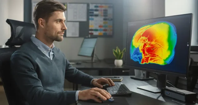 Biomedical engineer reviewing a thermal simulation of human head tissue on a monitor, color-mapped from warm to cool gradients