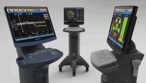 Close-up of the Volcano intravascular thermography workstation showing the display monitors and sensor interface.